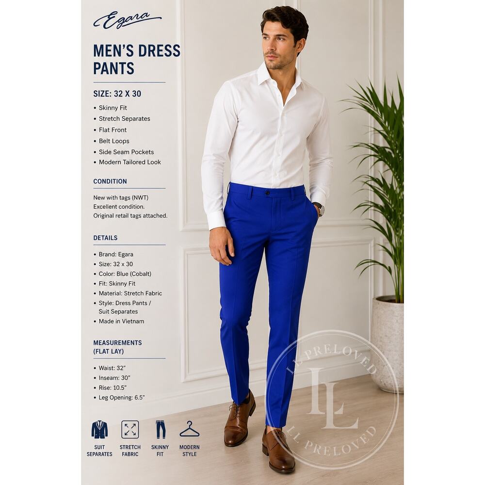 Egara Men’s Blue Skinny Fit Dress Pants 32x30‎ Stretch Suit Separates NWT
